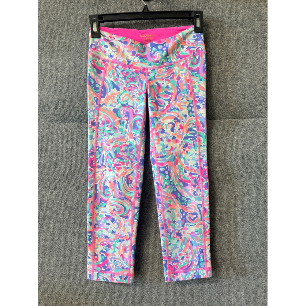 Lilly‎ Pulitzer Luxletic Cropped Leggings XS Pink Blue Abstract Swirl Zip Pocket